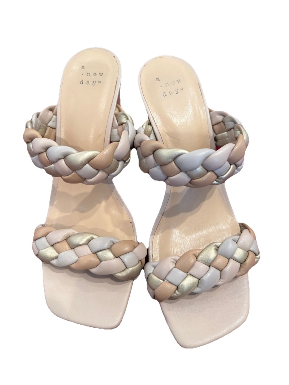 a new day Braided Double-Strap Slide Sandal Cream Tan High Wedges Square Toe - 8